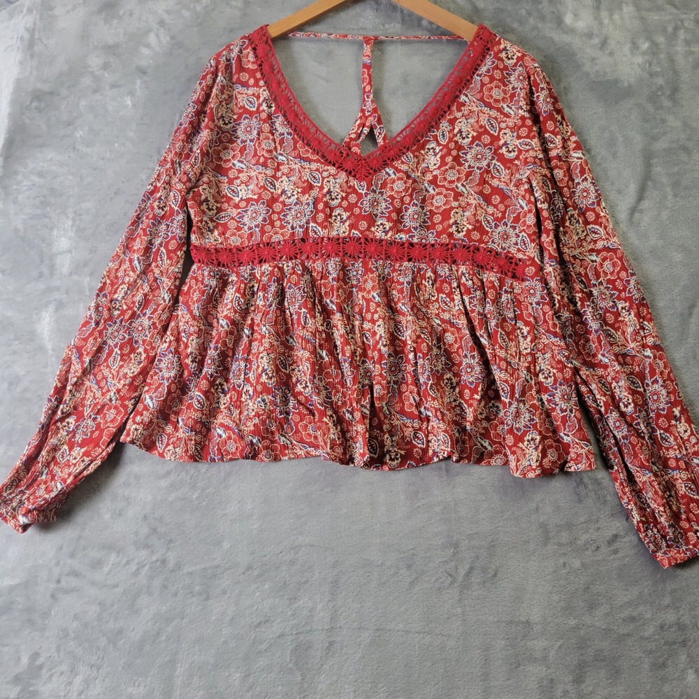Patrons of Peace Red Paisley Floral Top M Cottagecore Boho Crochet Lace